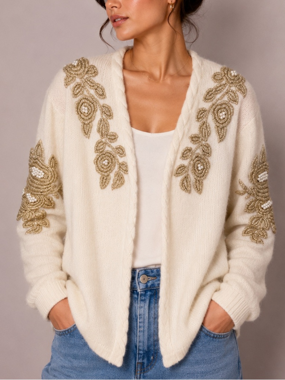 Vintage Sweater Grandmacore Lambswool Embellished Cream Cardigan Angora Warm